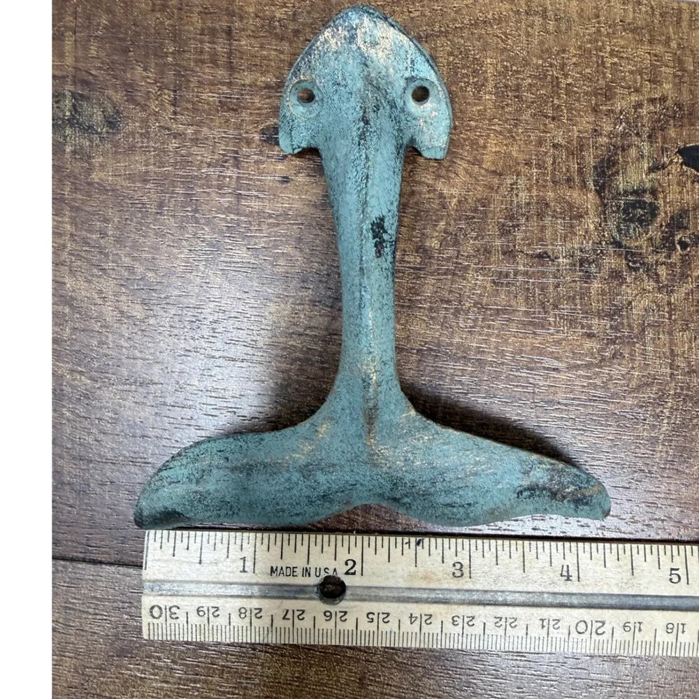 Set of 5 Cast Iron Whale Tail Wall Hooks Verdigris Coastal Green Nautical